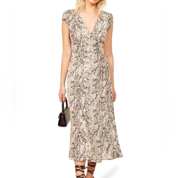 Reformation Carina Wrap Midi Rattlesnake Print Dress Size Large - Picture 3 of 11